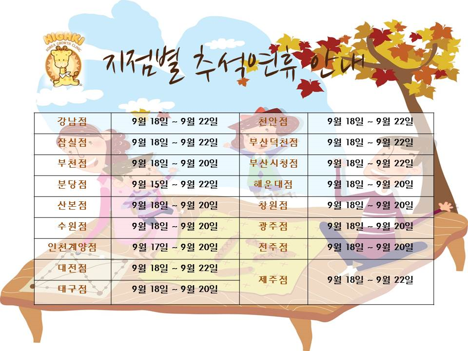 하이키한의원 지점별 추석연휴 안내