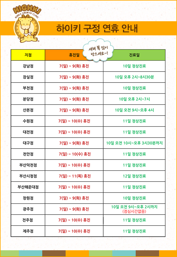 2016' 하이키한의원 지점별 구정연휴 안내