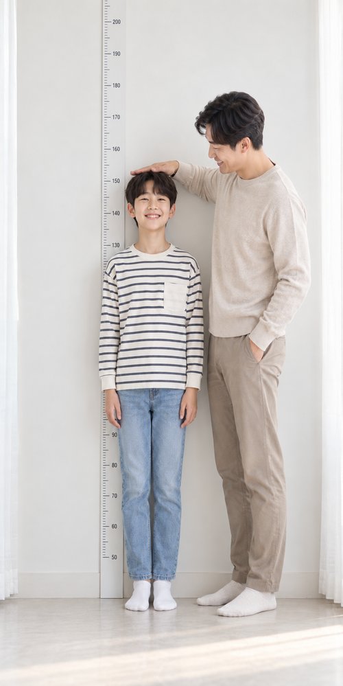 키를 재는 아이와 아빠