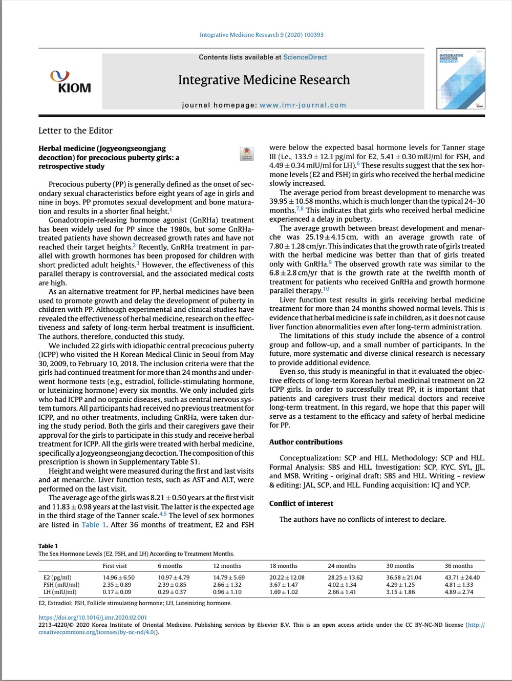 Herbal medicine (Jogyeongseongjang decoction) for precocious puberty girls: a retrospective study, Integrative Medicine Research 9 (2020) 100393
