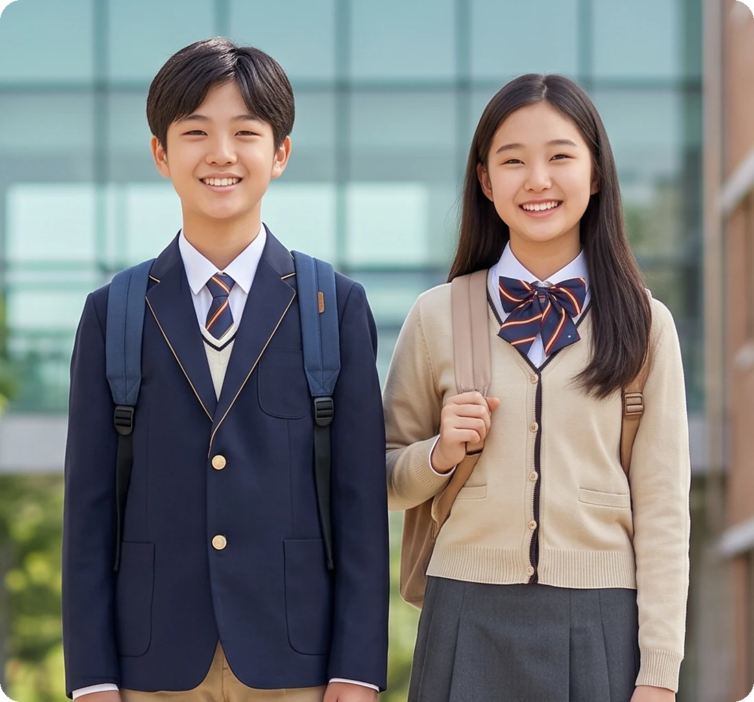 교복을 입고 서 있는 중학생 남녀 사진